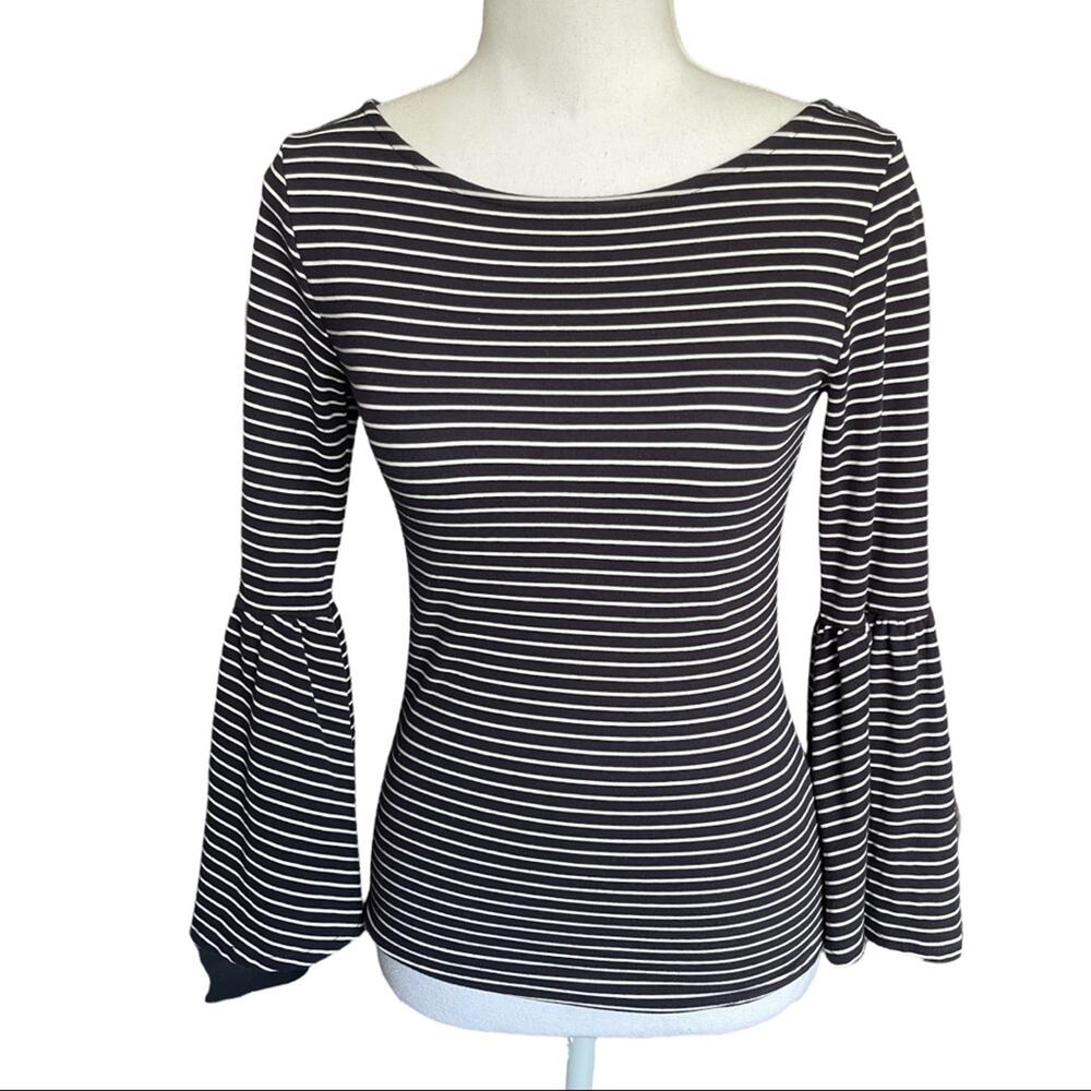 Frame Knit Boat Neck Bell Sleeve Striped Top XS